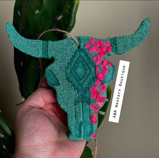Turquoise Glam Bull Skull Car Freshie | Scent - Cowboy On A Beach